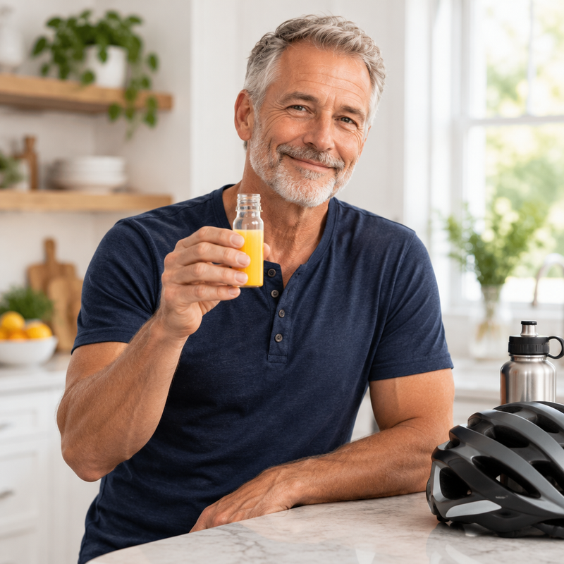 Man in his 60s with his morning NACPro+ shot before a bike ride