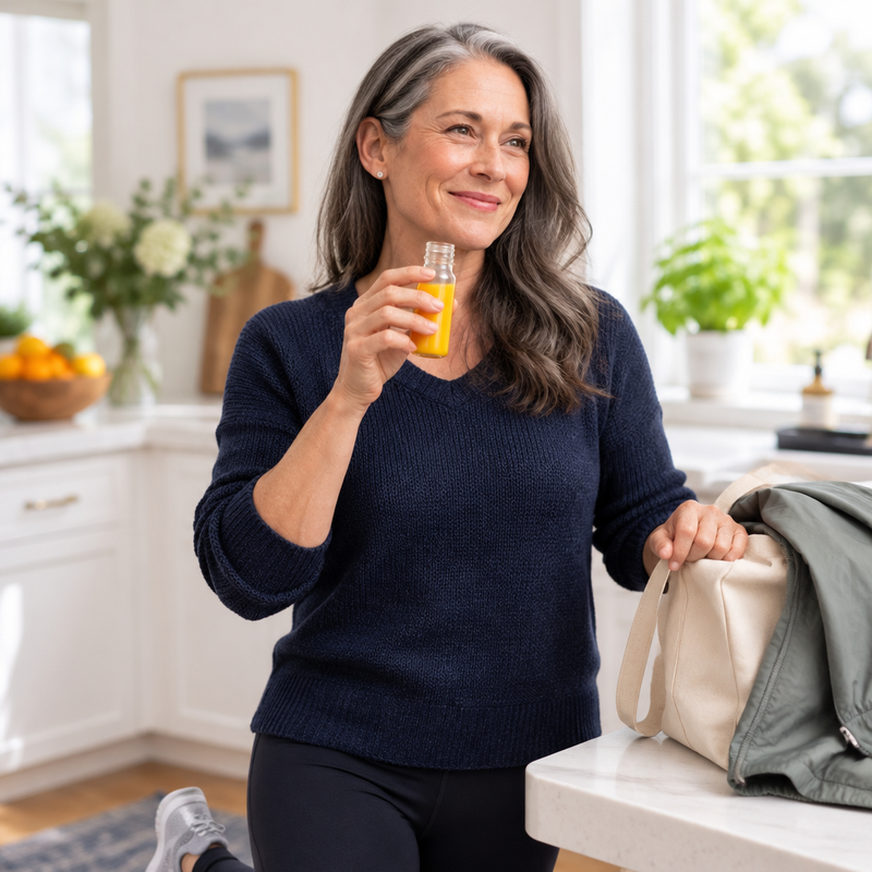 Woman in her 60s smiling with her morning NACPro+ shot before heading out