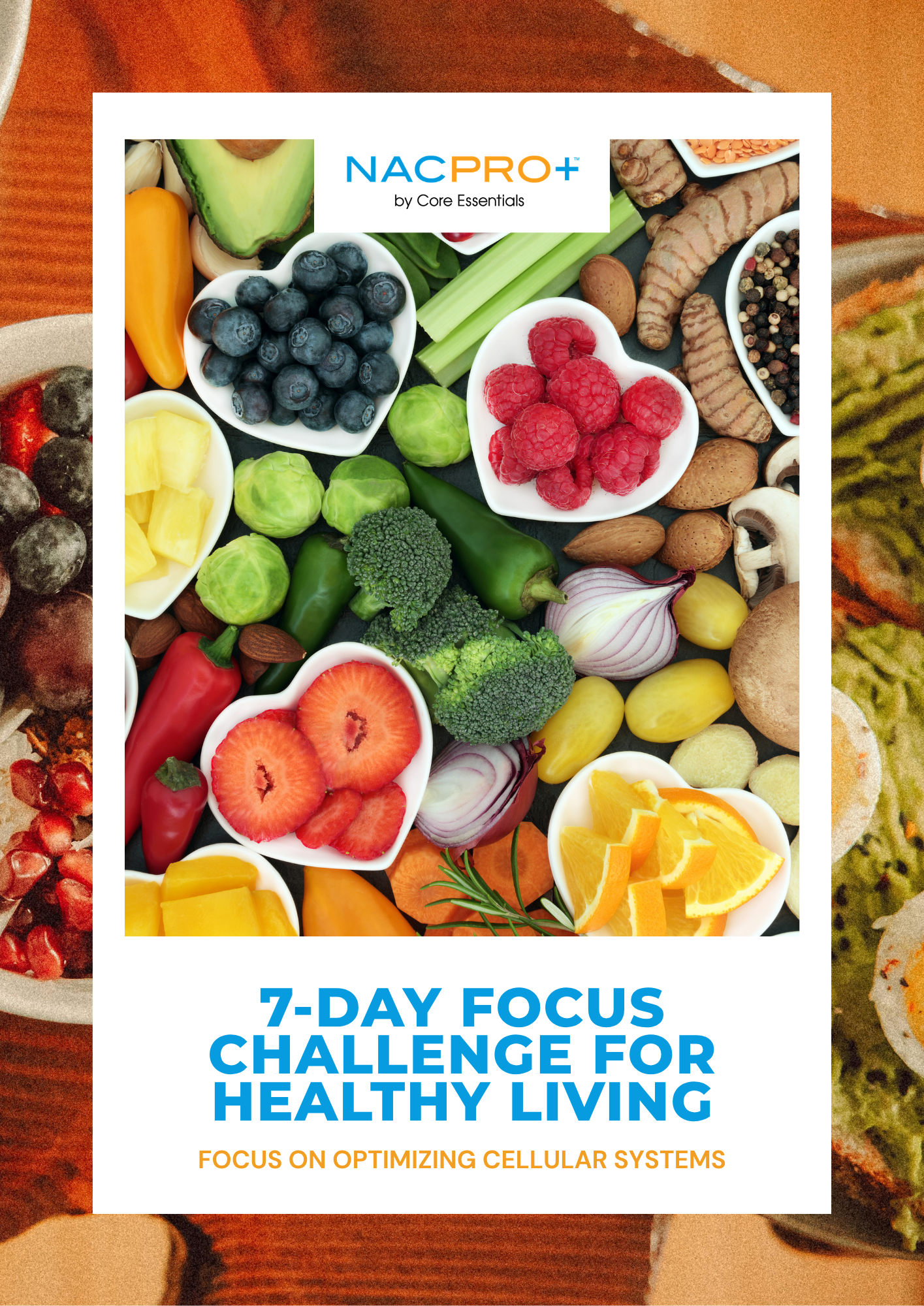 7-Day Focus Challenge Ebook with colorful fruits and vegetables, focus on optimizing cellular systems for healthy living.